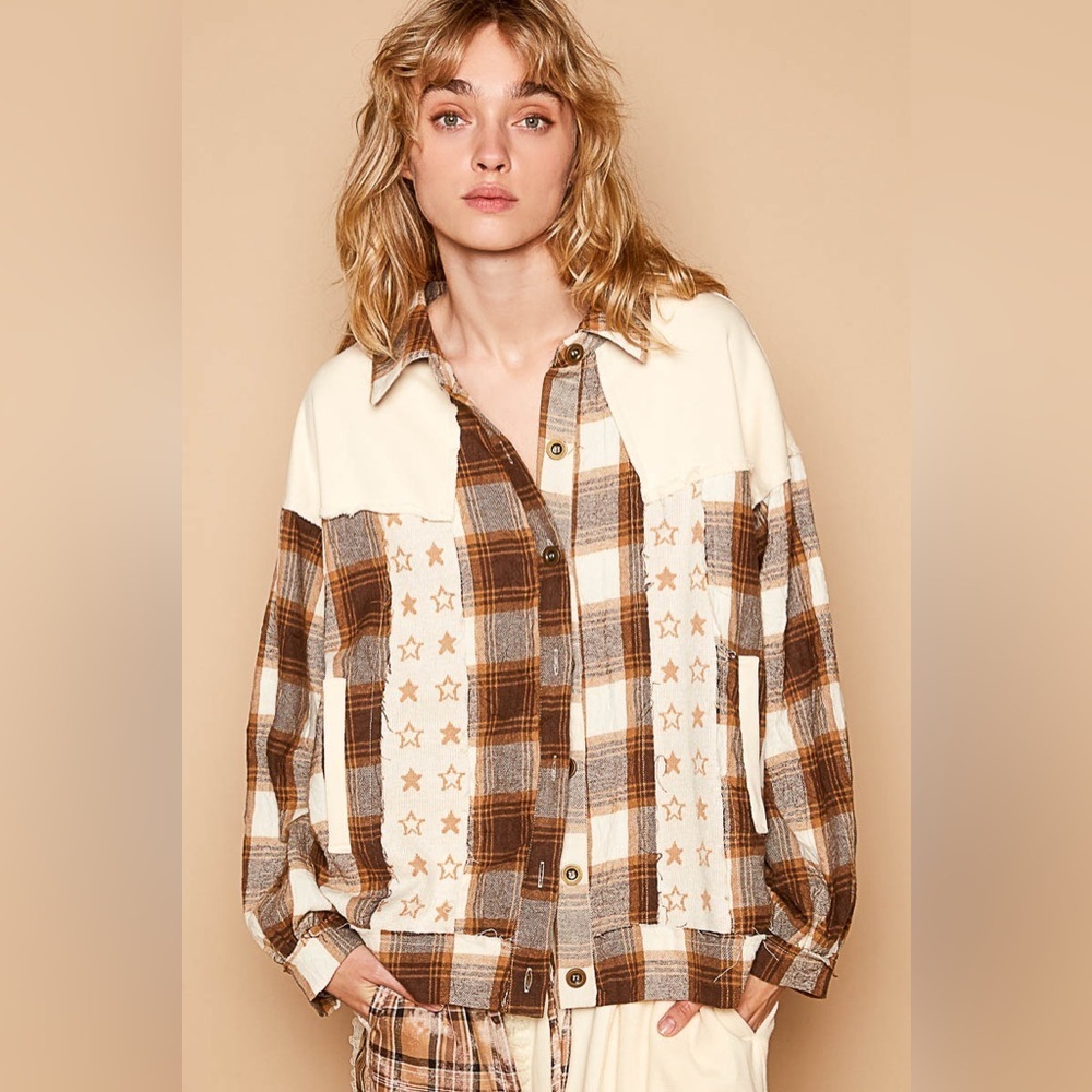 📦 POL “ North Star “ Star & Plaid Print Jacket | Beige
